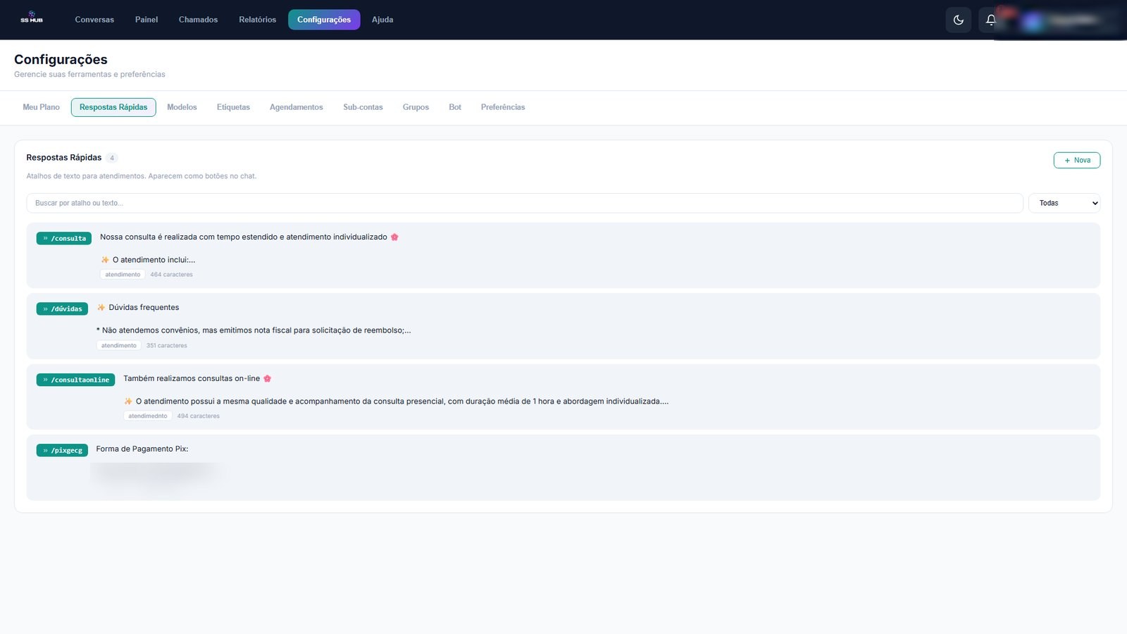 Tela de Respostas R&aacute;pidas do SS HUB: atalhos de texto como /consulta, /d&uacute;vidas, configurados para responder em um clique